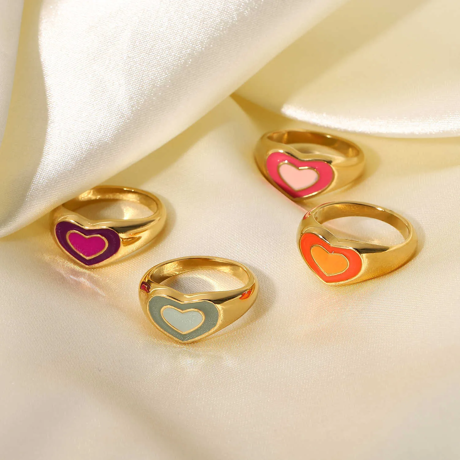 Позолоченный из нержавеющей стали красочный двойной слой любовь сердца коренастые кольца для женщин конфеты цветные кольца колец водонепроницаемые ювелирные изделия X0715