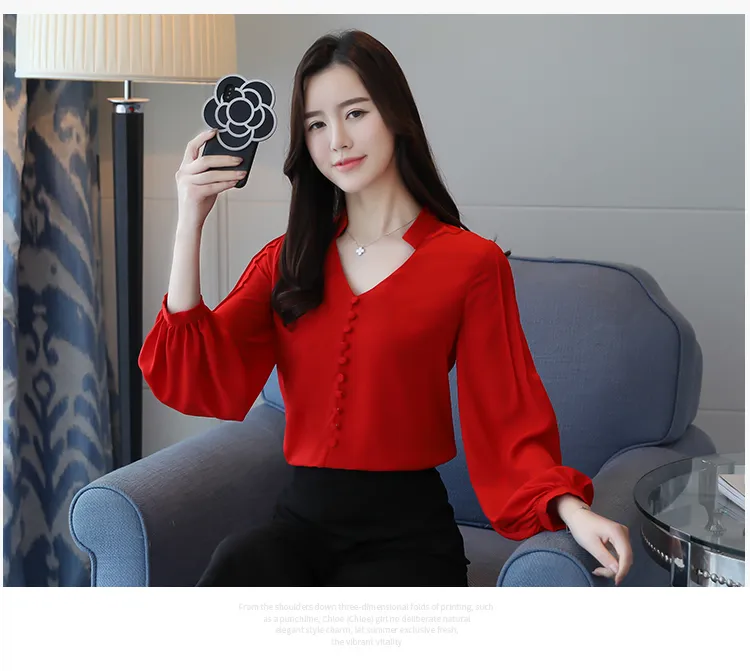 fashion women blouses long sleeve shirts red chiffon blouse shirt V-neck office work wear s tops and 0603 60 210506