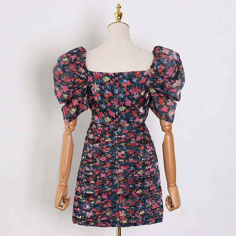 Мода квадратный воротник напечатанный пузырь с коротким рукавом платье женщин длина на коленях плиссированная юбка женское лето GX1217 210421