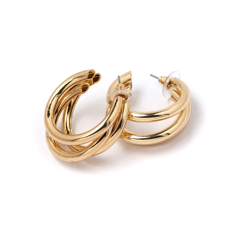 Moflo Fashion Boucles d'oreilles créoles géométriques à trois couches en forme de C en alliage plaqué or