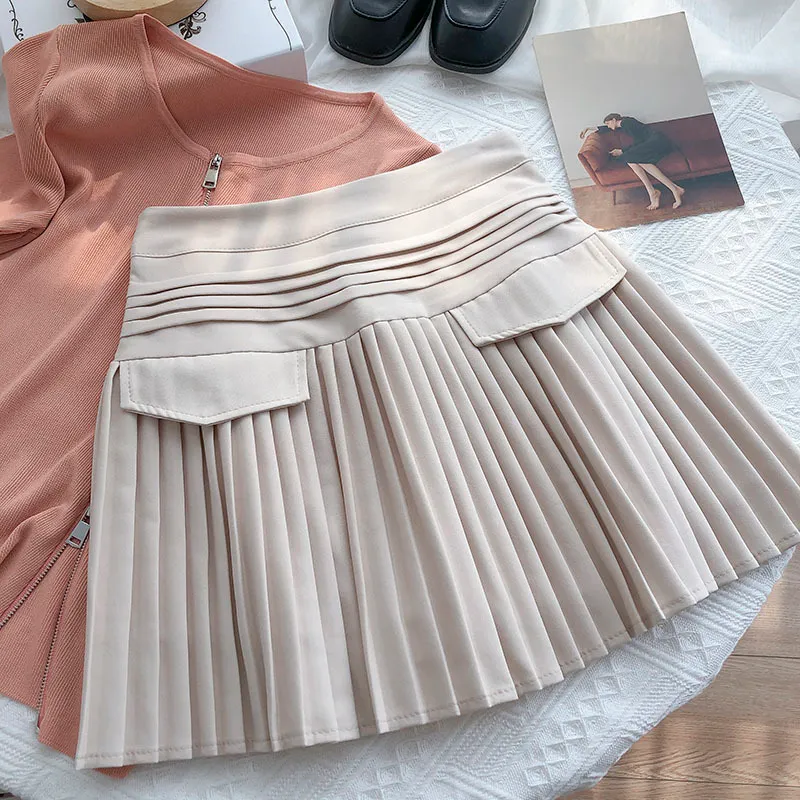 Кимутомо поддельные карманные юбка женщины с высокой талией сплошной a-линии днища женские весна лето корейские сладкие девушки плиссированные юбка 210521