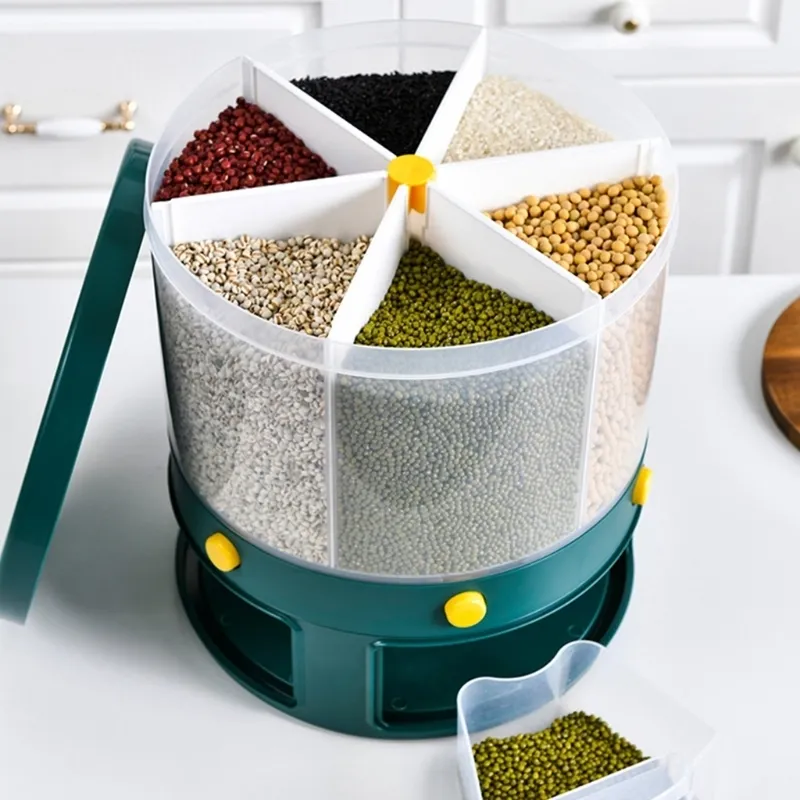 10kgのキッチン食品保管容器用穀物用の回転缶湿気昆虫プルーフグレインオーガナイザーボックス6グリッドライスバケツ227430680