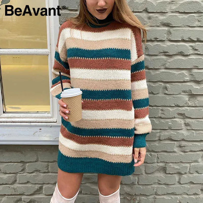 BeAvant Gestrickter Pullover mit farbigen Streifen, lockerer, langärmeliger Damen-warmer Pullover, eleganter Patchwork-Pullover mit fallenden Schultern 210709