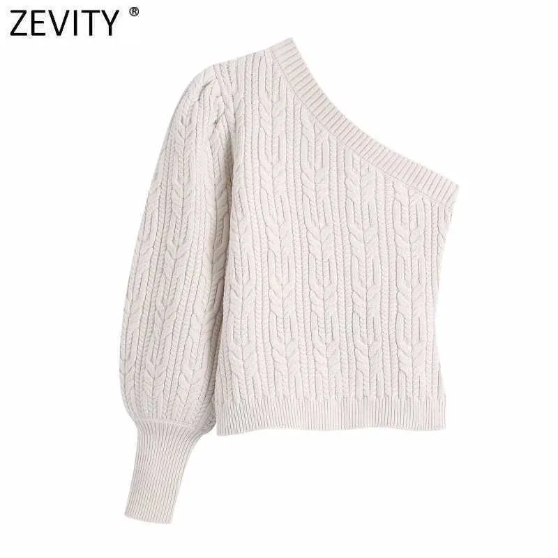 Zevity Women High Street Single Shoulder Solid Short Knitting Sweater Femme Chic Asymmetric Casual Slim Pullovers Tops S683 210603