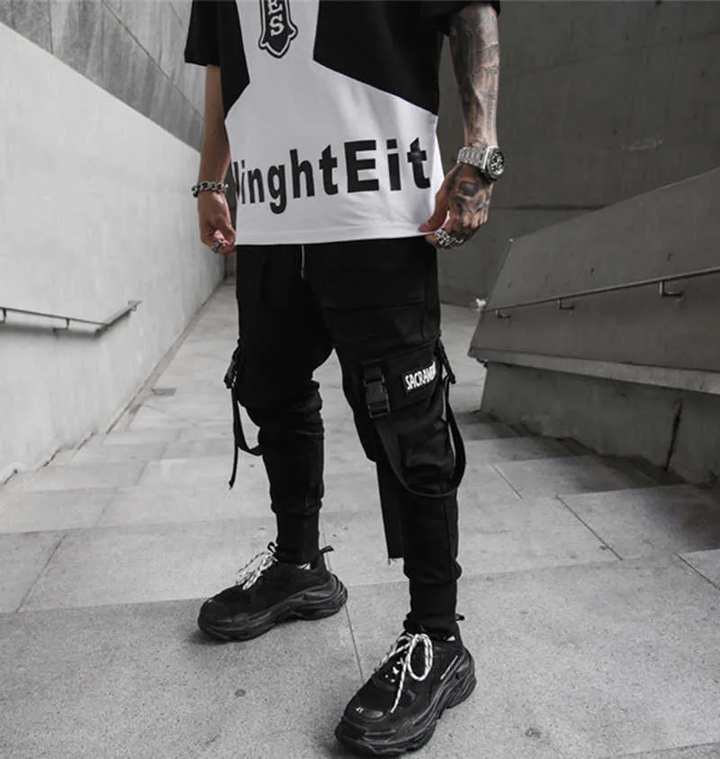 Ribbons Harem Joggers Men Cargo Pants Streetwear Hip Hop Casual Pockets Track Male Harajuku Fashion Trousers 210715