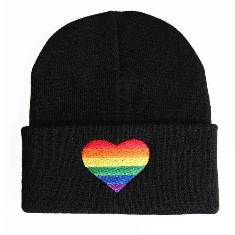 Unisex Rainbow Heart Broderi Stickad Hat Vinter Höst Pride Beanie Cap Y21111