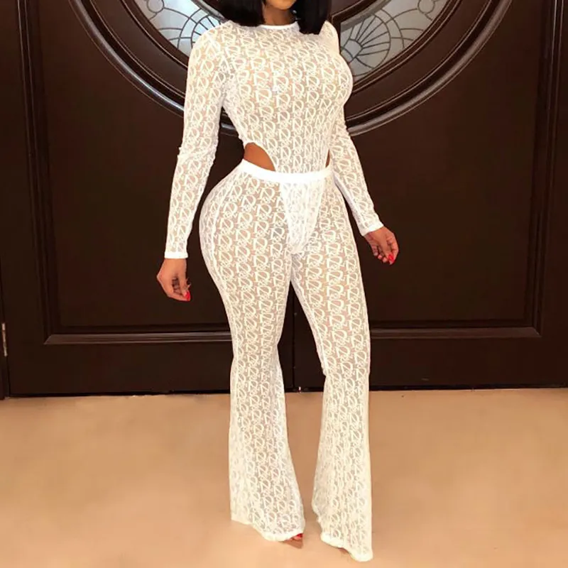 Mesh See-through Printed Set O-neck Long Sleeve Bodysuit Tops + Bandage Flared Pants Skinny Outfits Suits Party Club Wear 210517