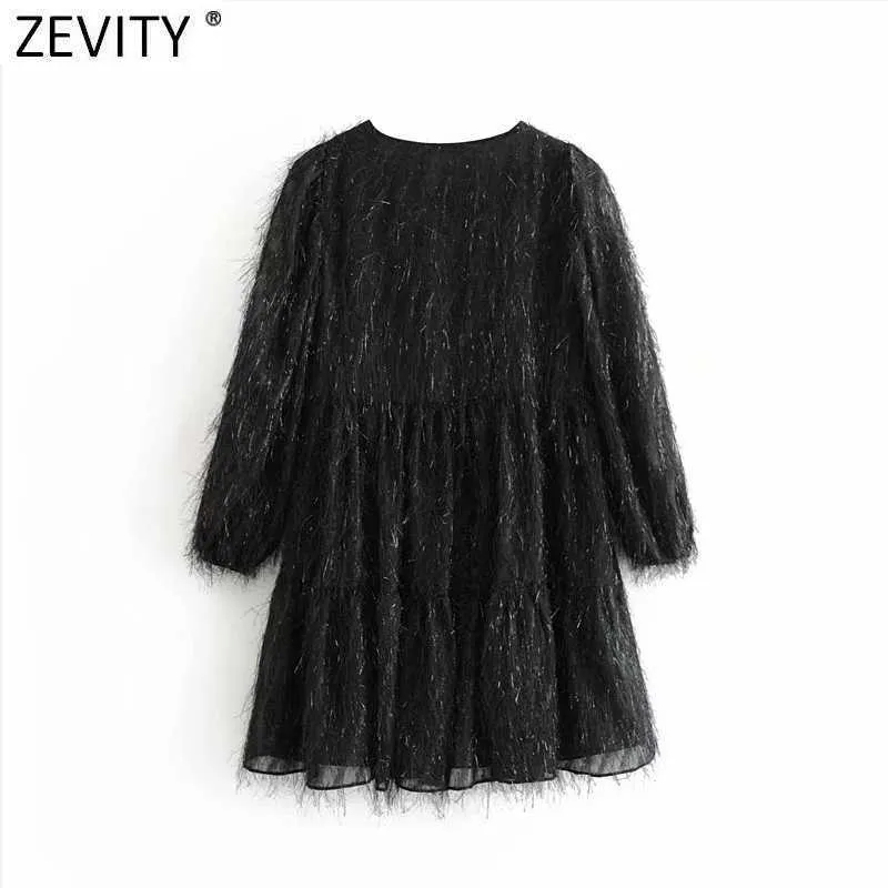 Zevity femmes Vintage col en V brillant gland décoration noir Mini robe Femme pli manches bouffantes Chic Vestido vêtements DS4894 210603