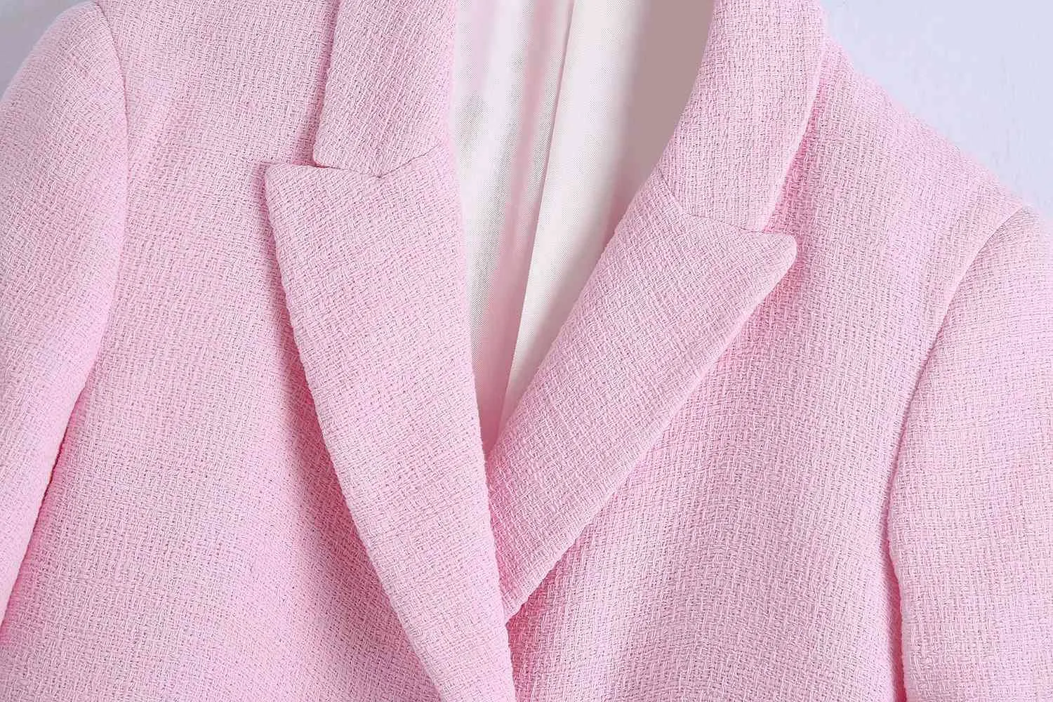 Été femmes doux Double boutonnage col cranté rose Tweed laine court Blazer manteau Vintage femme survêtement Chic hauts 210514