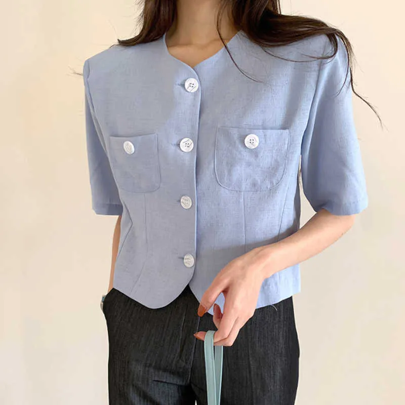 Korejpaa Kobiety Kurtka Lato Korean Fashion Simple V-Neck Loose Solid Color Casual Pocket Ramię Pad Puff Sleeve Kurtki 210526