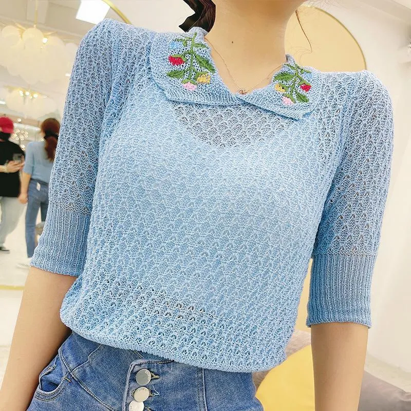刺繍短い薄いニットのセーター夏のスタイル百韓国のファッション半袖ニットトップ婦人服210520