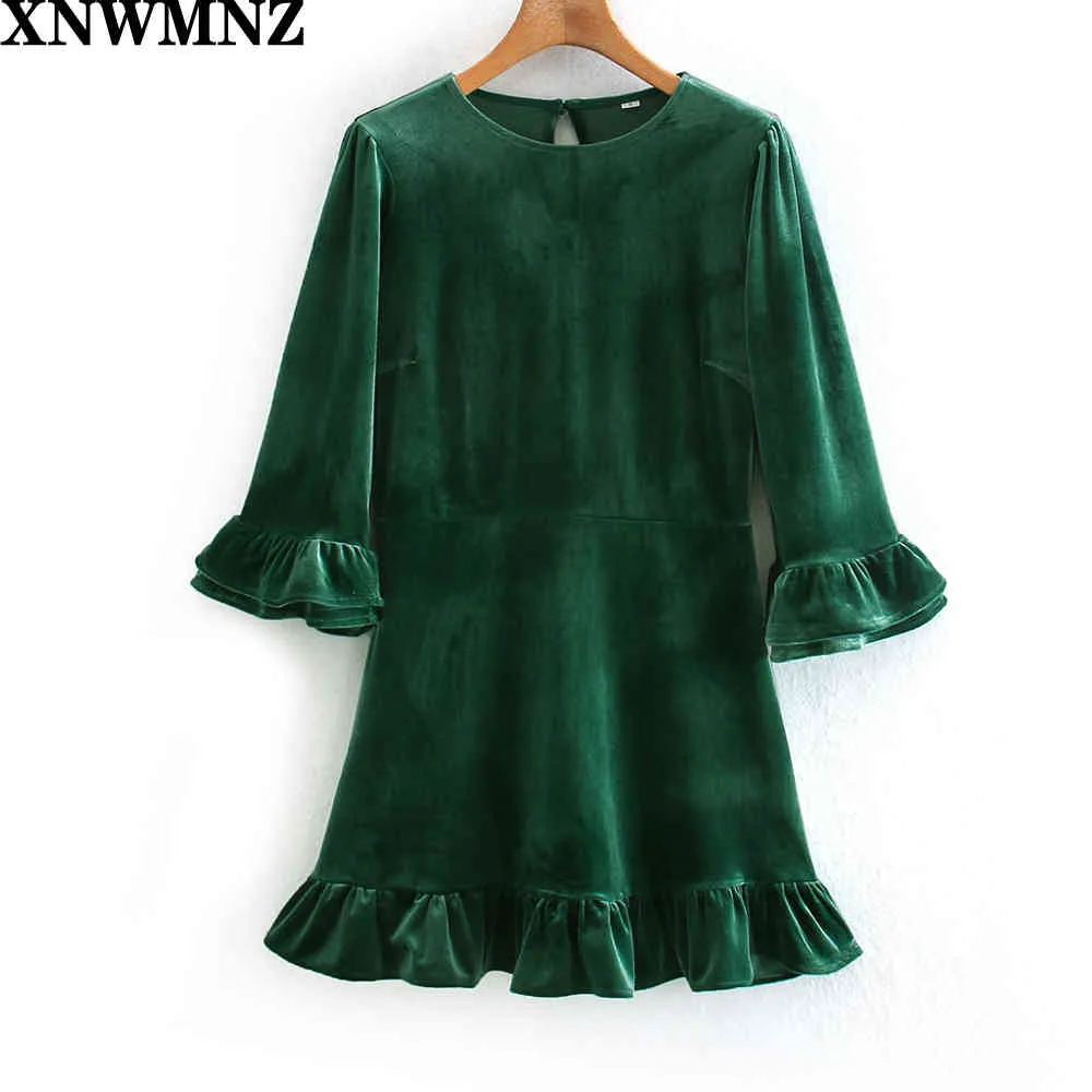 women Romance velvet mini dress female Ladies 3/4 length sleeves ruffle edged skirt fitting Mountain dresses 210520