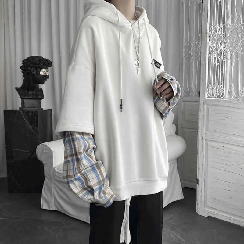 Vintage hoodie feminino streetwear oversized moletom punk manga longa pullovers coreano 2021 grunge xadrez splice com capuz 220210