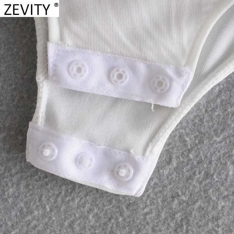 Zevity Women Fashion Turn Down Collar White Poplin Bodysuits Ladies Office Wear Breasted Slim Siamese Chic Rompers LS9095 210603