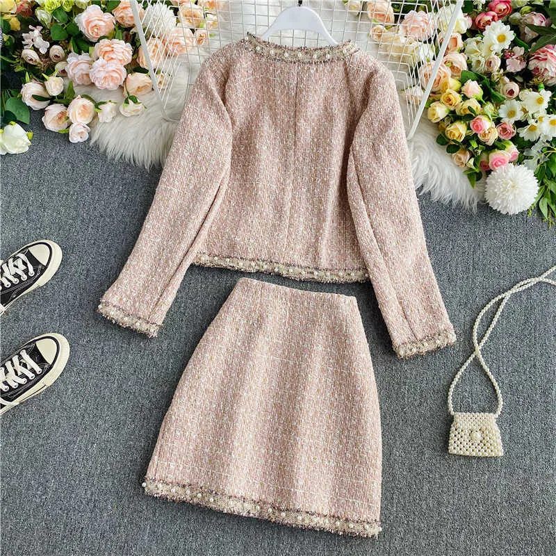 Conjuntos de otoño invierno moda temperamento o cuello perla tweed abrigo de lana abrigo de manga larga cadera mini faldas ol moda coreana rebordear 210610