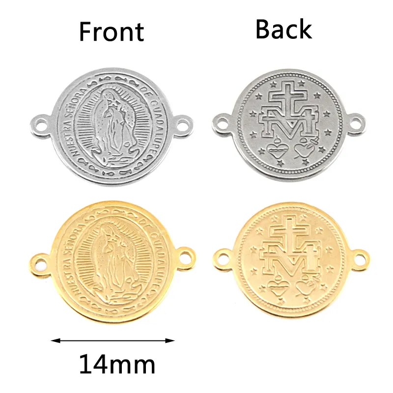 NOSTRA Signora 2 Loops Connector Virgen de Guadalupe Piccoli ciondoli Gold Color Medal Tags rotondo in acciaio inossidabile Ciondolo 4918812