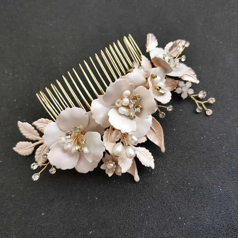 SLBRIDA fait à la main Ins Style alliage fleur feuille cristal strass mariée peigne à cheveux coiffure de mariage accessoire de cheveux femmes bijoux X0625