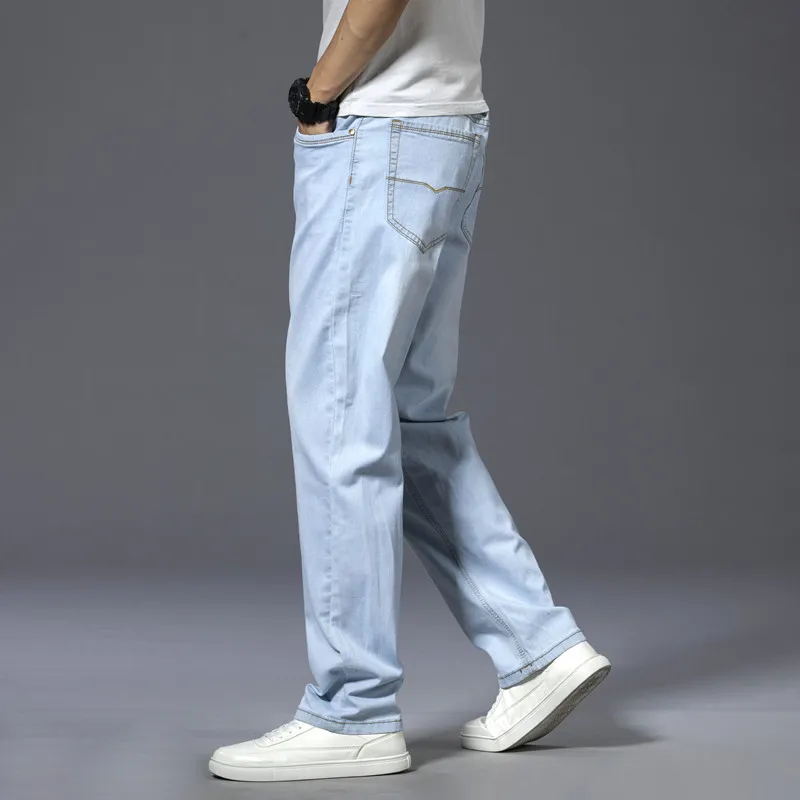 Confortable doux de haute qualité coton stretch hommes jeans lâches automne affaires décontracté jeans bleu clair 210318
