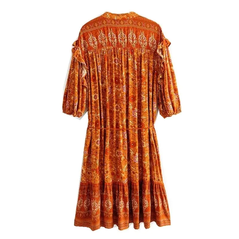 Bohemian Orange Gypsy Floral Kwastje Lacking V-hals Ruffles Stream Taille Holiday Dress Dames Boho Jurken 210429