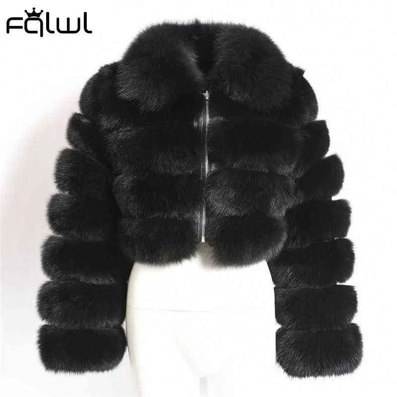 FQLWL décontracté blanc noir moelleux automne hiver fausse fourrure manteau femmes veste à manches longues recadrée bouffante pour vêtements d'extérieur 211220