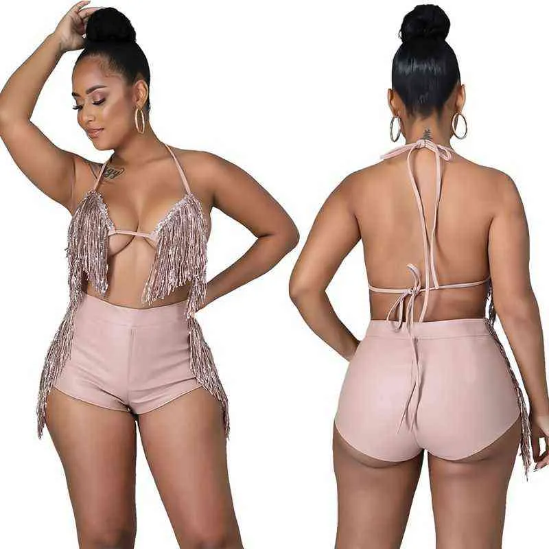 Summer Clothes Two Piece Set Women Fashion Sequin Tassel Halterneck Sexy Top+Bike Shorts Sets Club Outfit Lounge Wholesale Items 211115