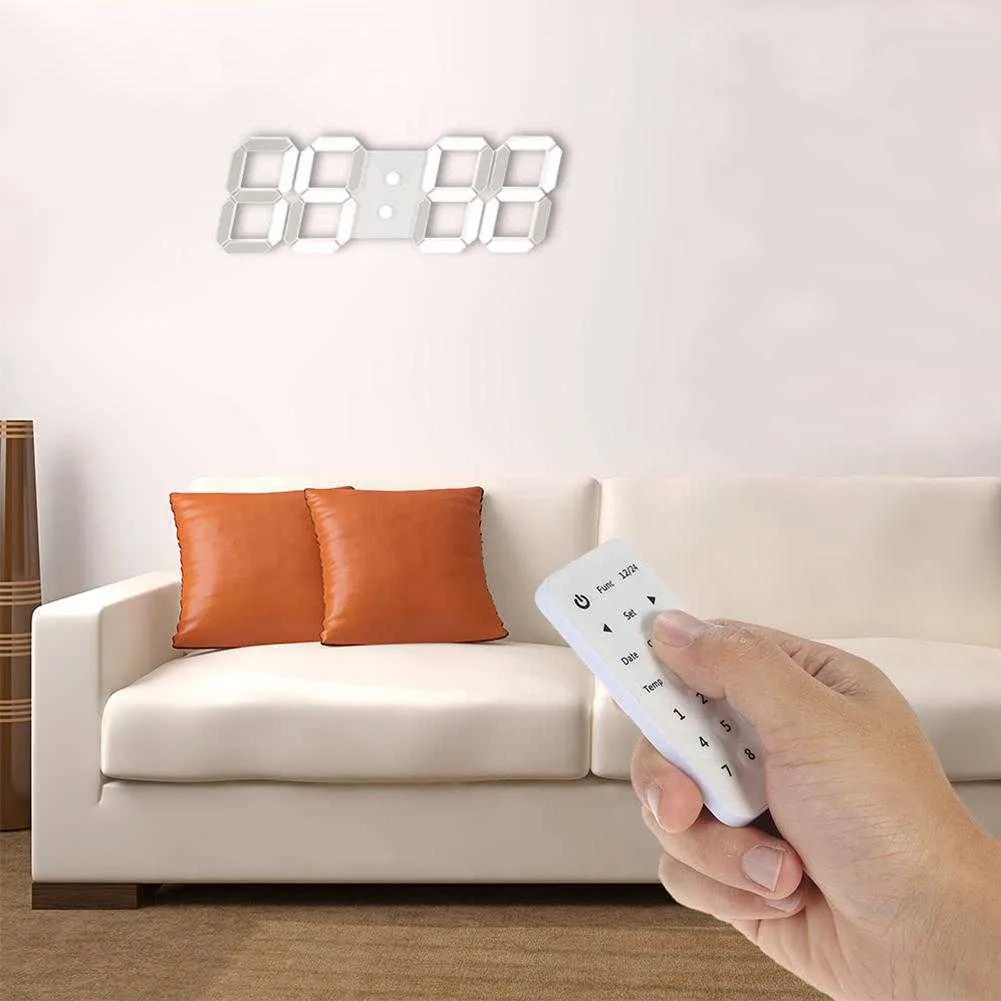 Horloge murale numérique 3D LED de grande taille avec télécommande 12/24 heures Mode pour la décoration de la salle à domicile Bouche EU Blanche blanche Whit Light 210724