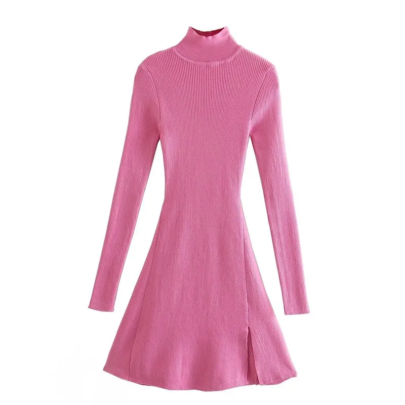 Robe de printemps rose tricoté court es femmes à manches longues col haut Mini pull femme mince dames es 210519