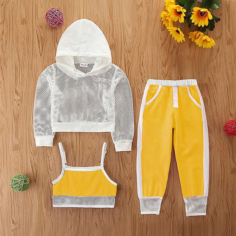 2021 Spring Girls Sportkläder Kläder Satser Kids Tracksuit för Barn Mesh Long-Sleeve Hoodies + Camisole + Sportbyxor Suit X0902