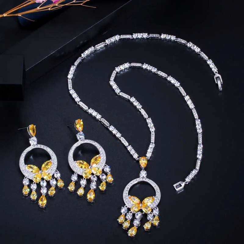 Cwzyrcon Noble Yellow Cubic Cyrkonia Kamień Tassel Drop Duży naszyjnik i Kolczyk Wysokiej Jakości Kobiety Prom Party Jewelry Set T026 H1022