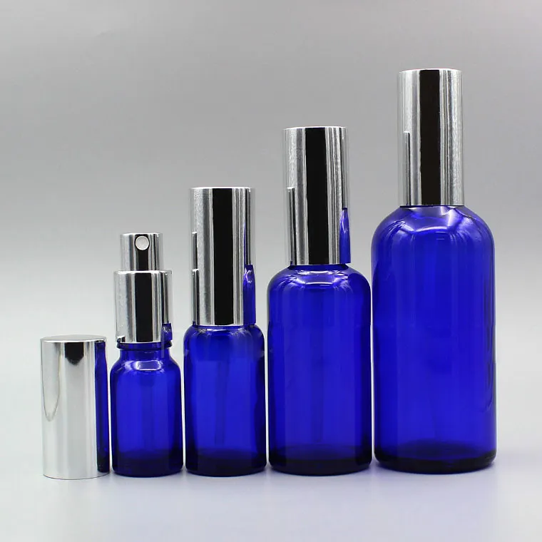 10ml, 15 ml, 20 ml, 30 ml, 50 ml, 100 ml Tom glassprayflaska, blå parfymflaskor Silver Sprayer Atomizer Kosmetiska flaskor