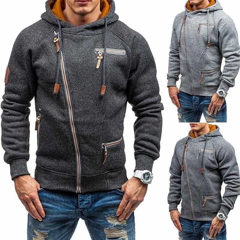 Sweat-shirt à capuche à manches longues pour hommes à la mode Zipper Automne Manteau Mens Coton Sport Sweats à capuche Outwear 210813