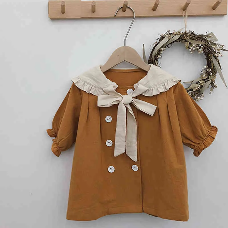 Baby Meisje Jurk Autumn Bow Childrenclothes Doll Grote revers Double-Breasted Princess 210515