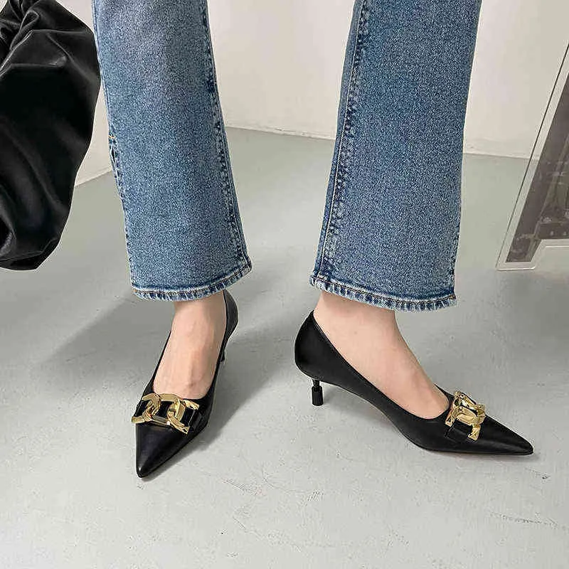 Dress Shoes Fashion Women Pumps Pointed Toe Metal Chain Shallow Slip On Office Thin High Heels Black Beige Pink Woman 39 220303