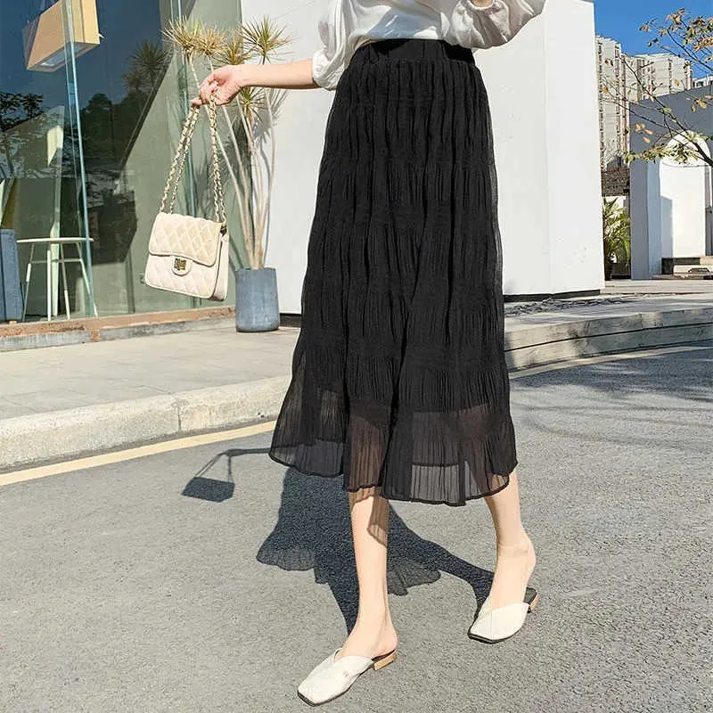 Summer Vintage White Chiffon Long pleated skirt Women Stretch High Waist A-Line Skirt aesthetic Black midi Skirt Faldas Saias 210619