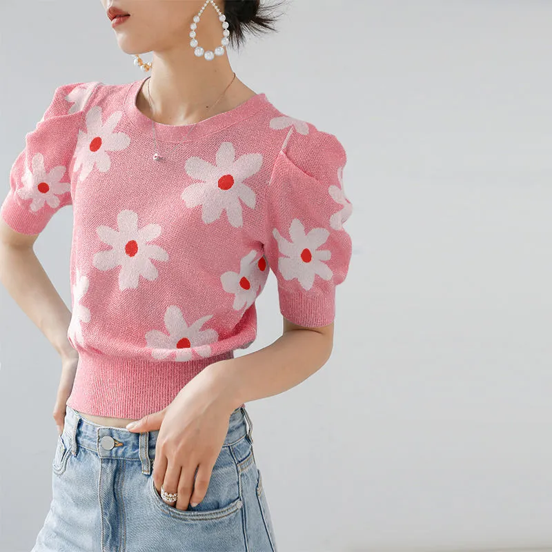 T-shirt estiva lavorata a maglia da donna coreana chic floreale breve soffio sleebe top o-collo moda vintage donna maglietta femme 210519