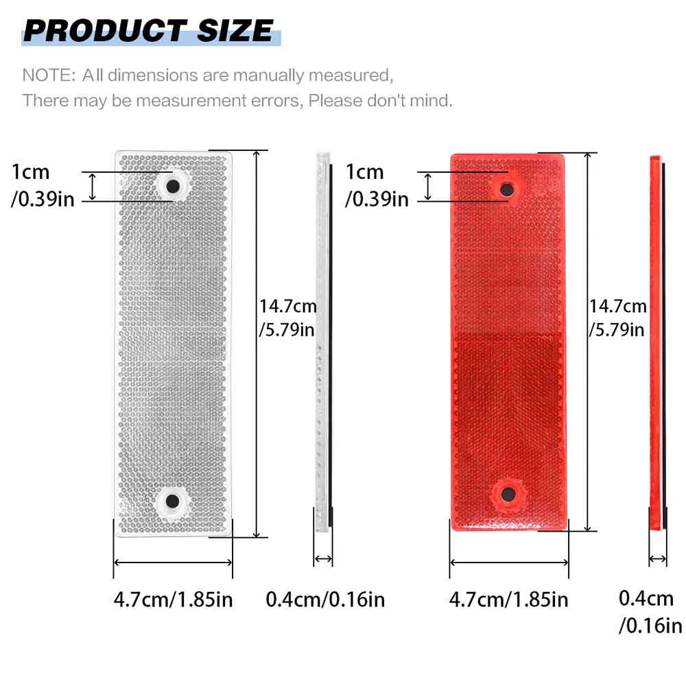 5x adesivo riflettente piastra riflettente camion, auto, moto, rettangolo, riflettore in plastica, segnale di avvertimento di sicurezza, rosso bianco