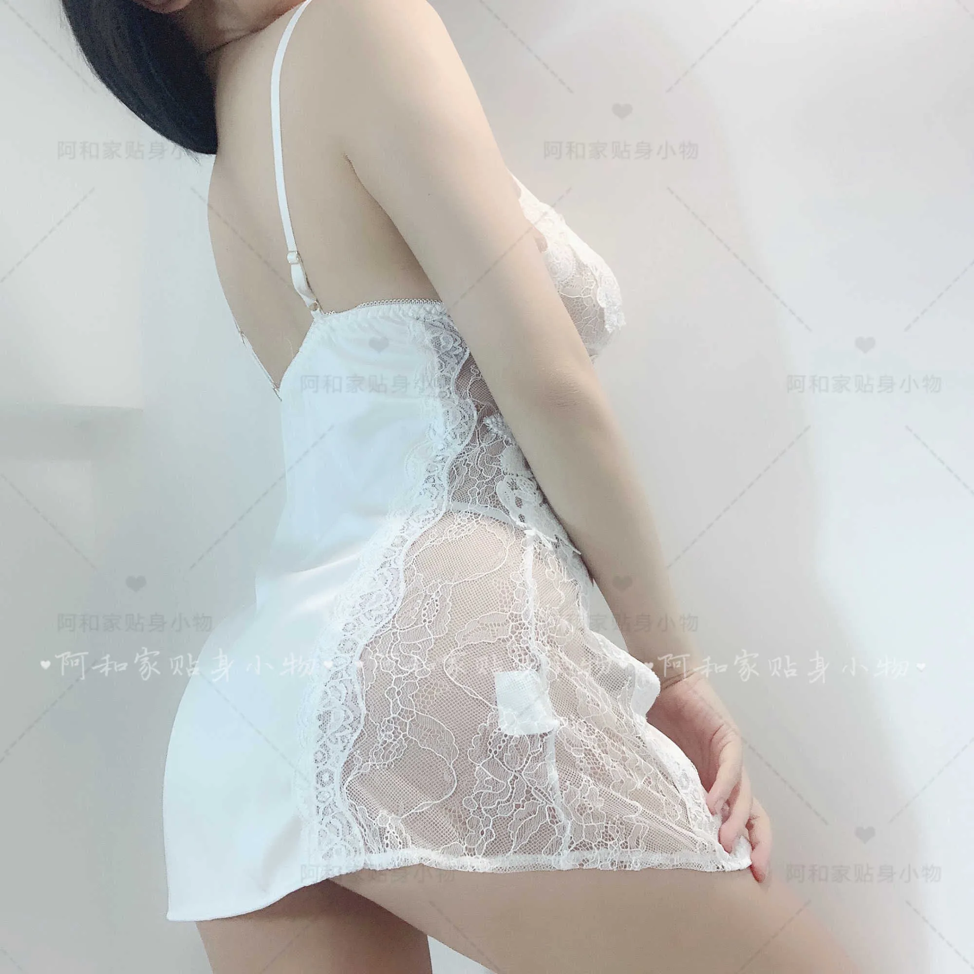 WOMENGAGA été hauts Sexy coréen col en V dentelle maille Transparent mignon Loli réservoir Mini robe robes Camisole femmes TQ87 210603