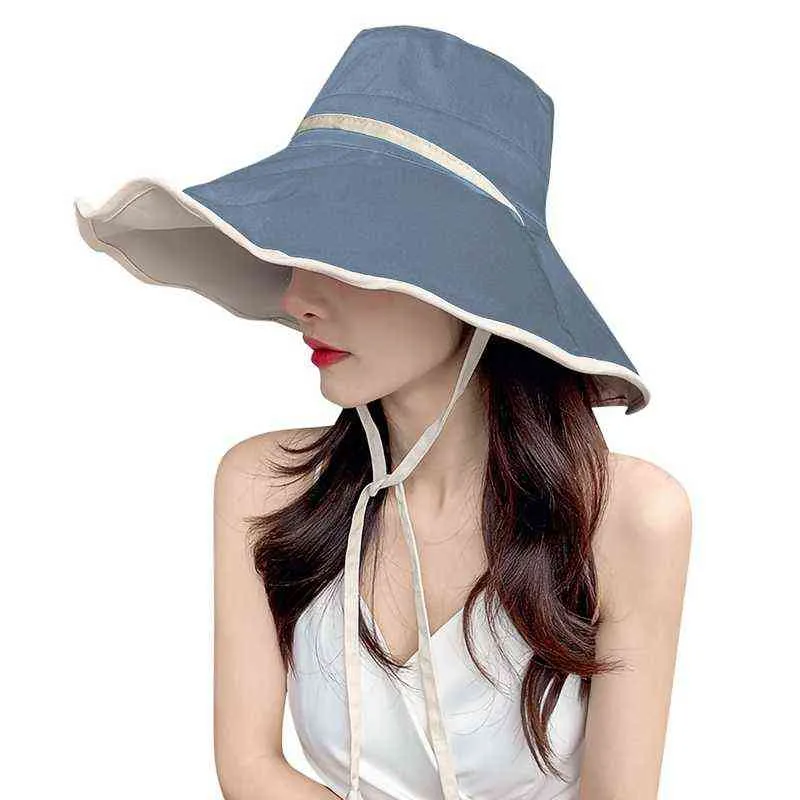 Mulheres Verão Dupla Sol Hat Chapéu Elegante Grande Brim Grande Brim O Dobrável Anti-UV Praia Sol Chapéus Flat Caps G220301