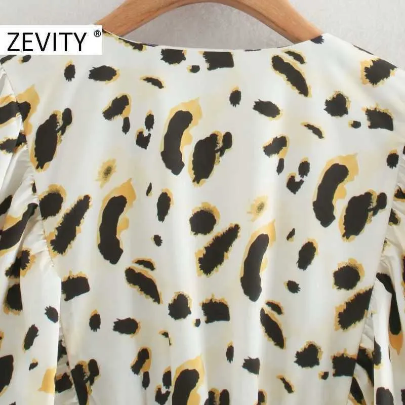 Zevenity Dames Vintage V-hals Leopard Print Casual Smock Blouse Kantoor Dames Plooien Lantaarn Mouw Kimono Shirts Tops LS7262 210603
