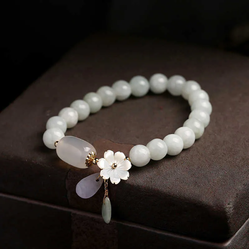 Natural Jade Agate Bead Armband för Kvinnor Justerbar Bangle Charm Smycken Yoga Vatten Drop Shell Flower Pendant