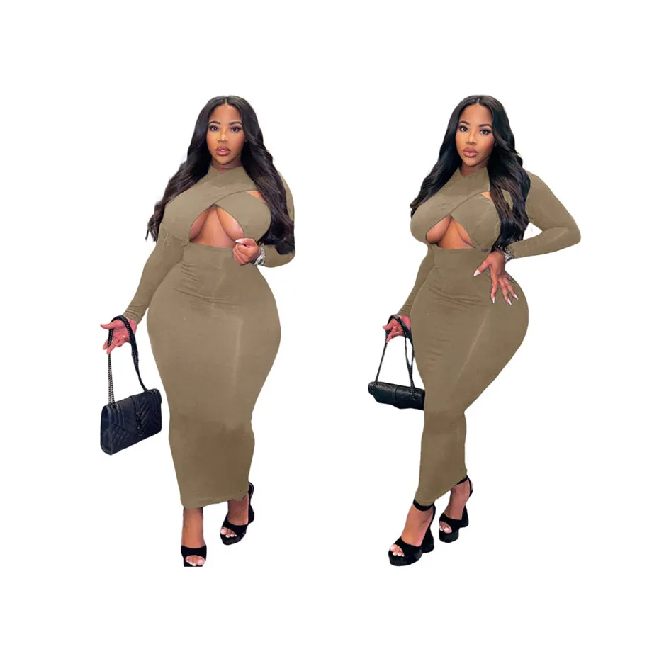 Women Plus Size Dresses Casual Long Sleeve Spring Maxi Hollow Out High Quality Elegant Luxury Clubwear Women Clothes K8459