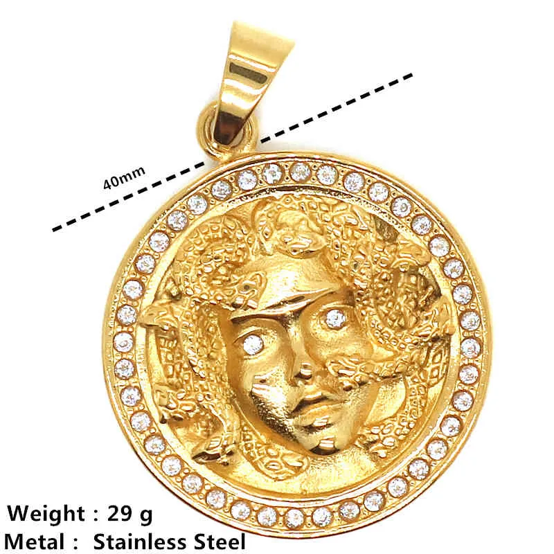 yutong Unisex 316L Stainless Steel Cool Gold-Color Medusa Clean Stone Pendant Chain239W