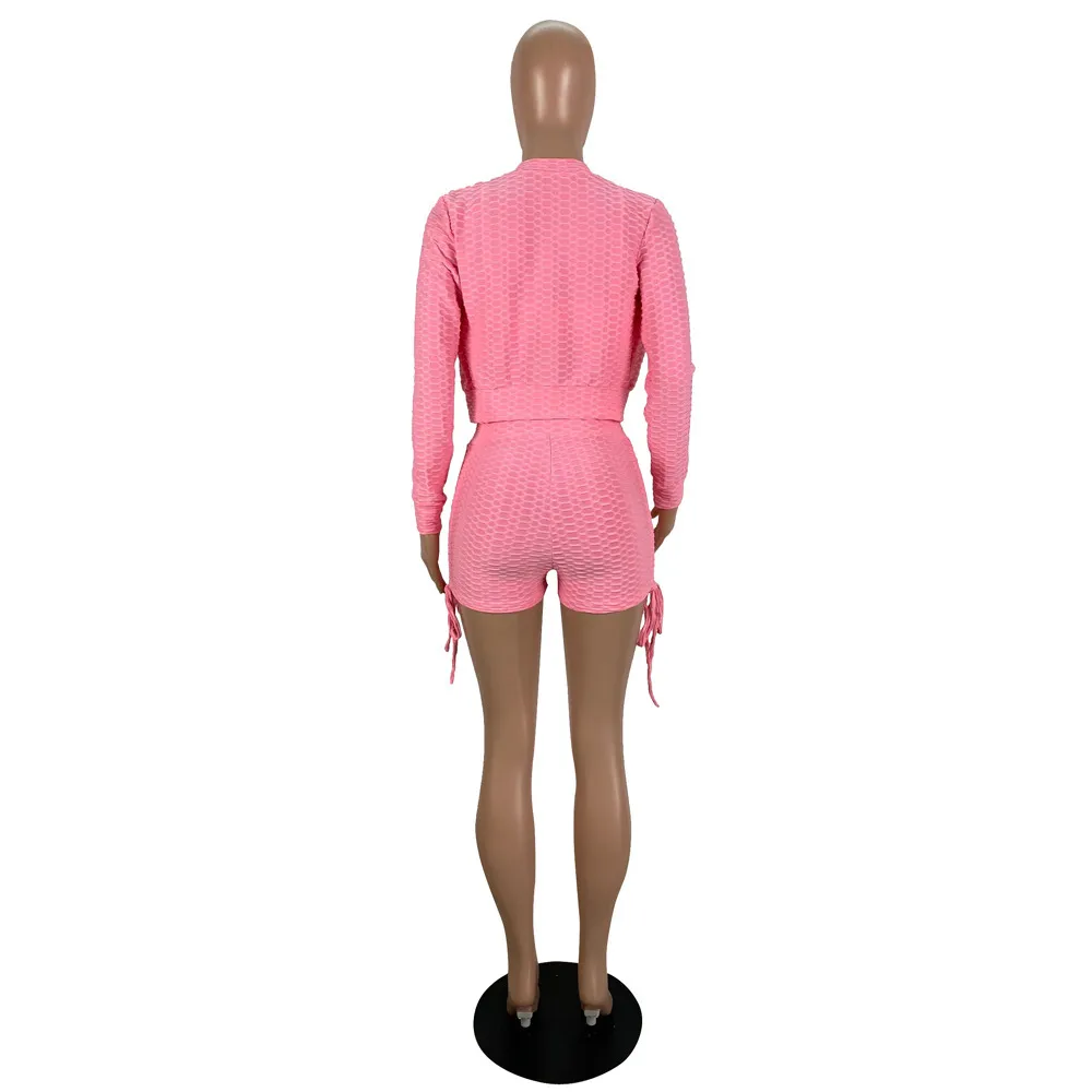 Été 3 pièces ensembles pour femmes rose vêtements Shorts ensemble salon porter à manches longues manteaux veste soutien-gorge haut pantalon maigre Club 210525