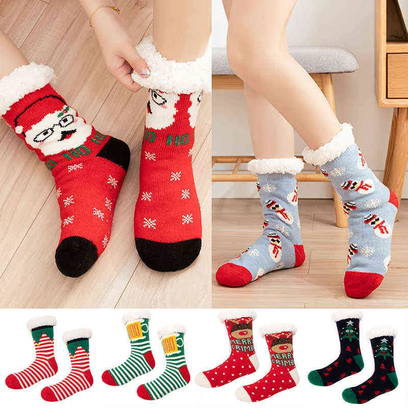 Höst Vinter Kvinnor Tofflor Hem Strumpor Jul Tecknad Elk Golv Strumpor Plush Velvet Non-Slip Carpet Fluffy Warm Socks Y1119