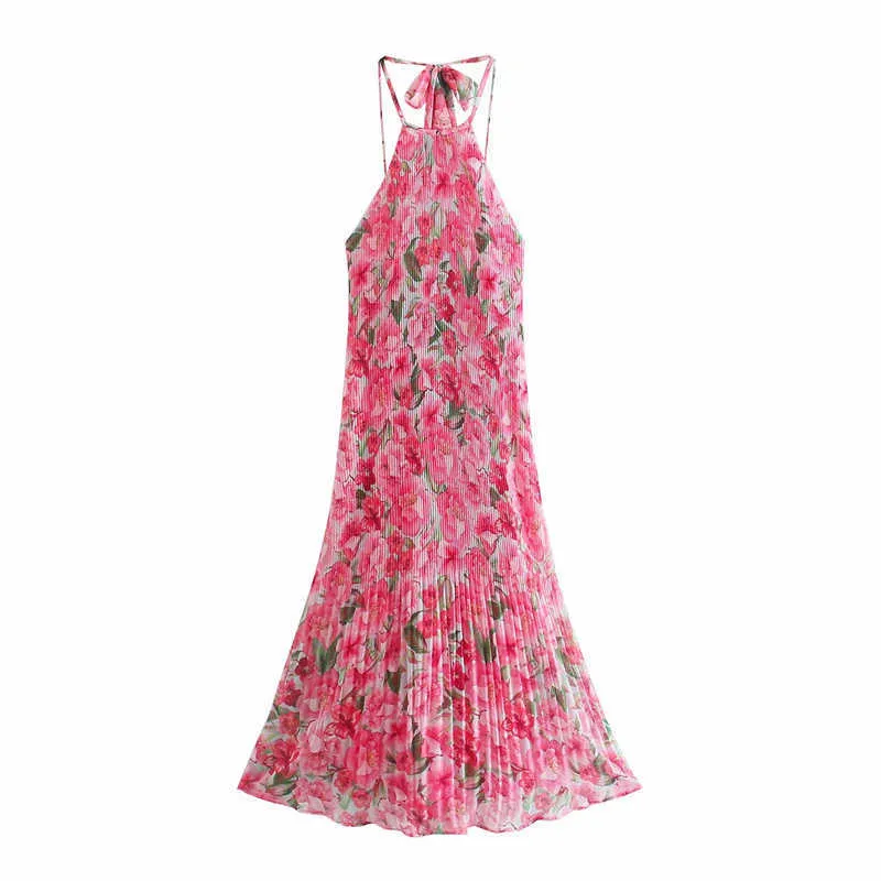 スウィート女性ピンクホルタープリントロングドレス夏の女性の背景のドレス女性の伸縮性のある花のネックマウントドレス210630
