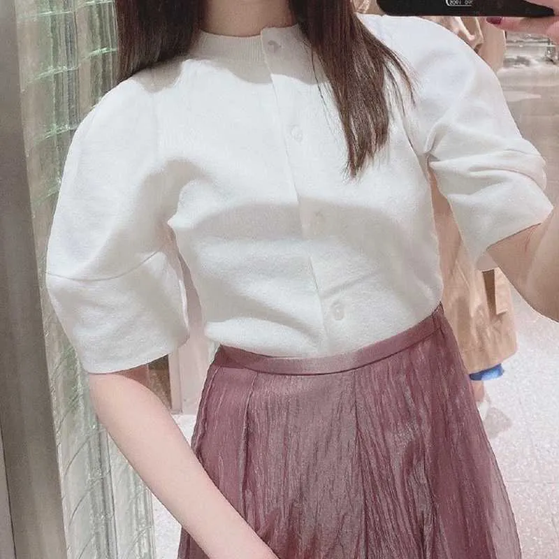 Manches bouffantes douces double face portant un cardigan en tricot élégant de style japonais femmes blouses mode tout-match haut vêtements 210525