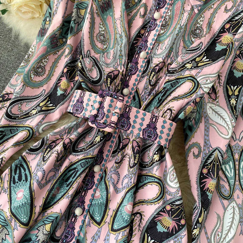LY VAREY LIN Autunno Donna Camicia con stampa vintage Abiti a maniche lunghe con cintura Colletto rovesciato da donna svasato 210526