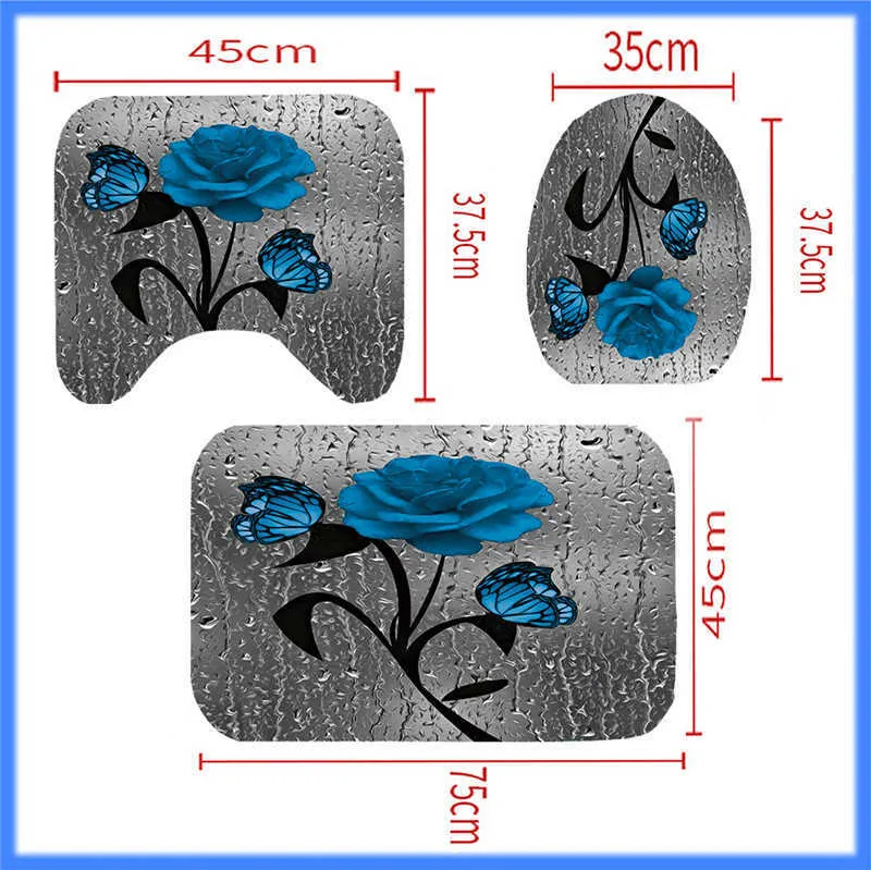 Blue Flower Farterfly Badrum Non-Slip Mat Set Hållbar vattentät duschgardin Pedestal Mattor Lid Toalett Tovertäck Badmatta 2107219I