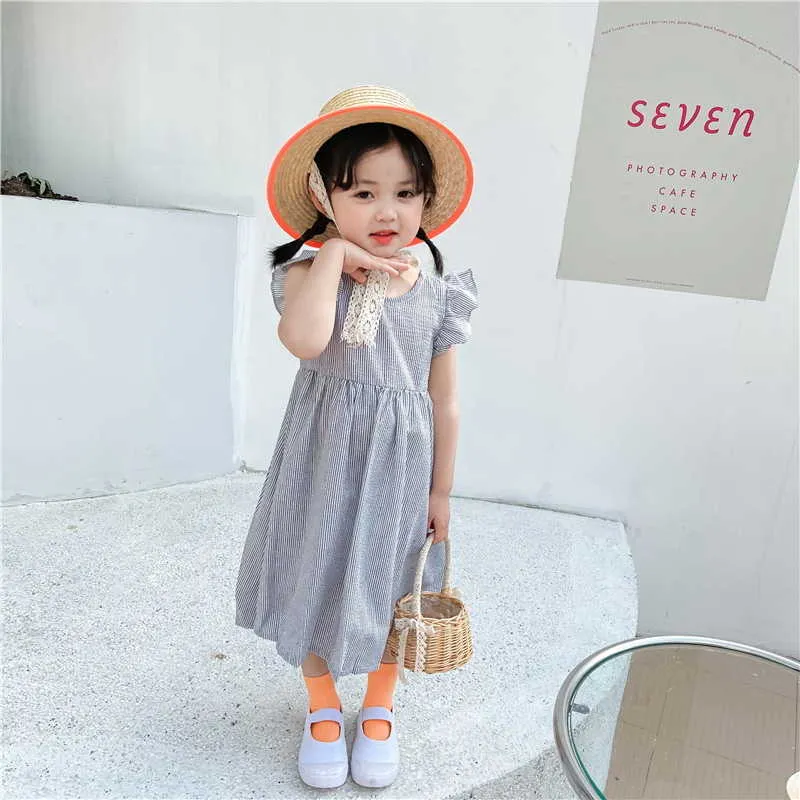 Style coréen été enfants filles robe bleu rayé dos ouvert princesse mignon enfants vêtements E0020 210610