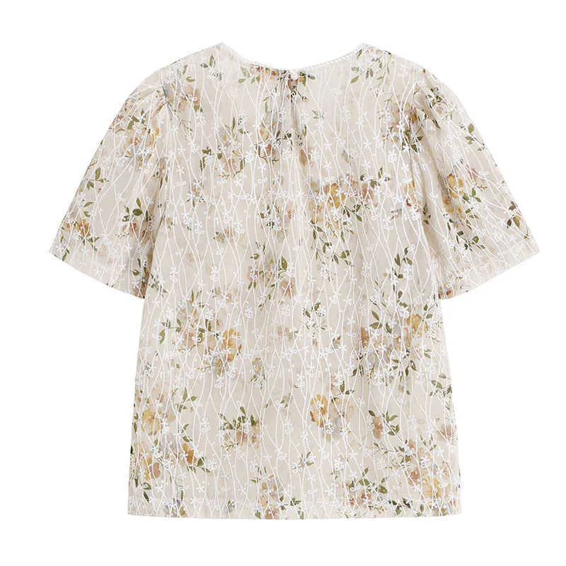 Yitimuceng Floral Print Blouse Femmes Chemises Lâche Droite O-cou Abricot Vêtements D'été Mode Coréenne Bohême Tops 210601
